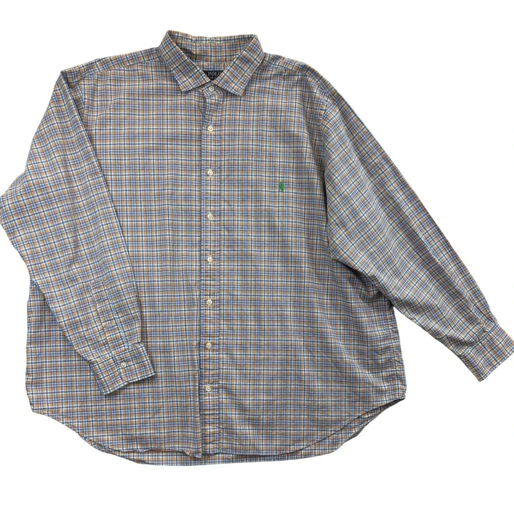 Polo Ralph Lauren Shirt Mens 2XB Big Orange Blue Plaid Button Down‎ Cotton